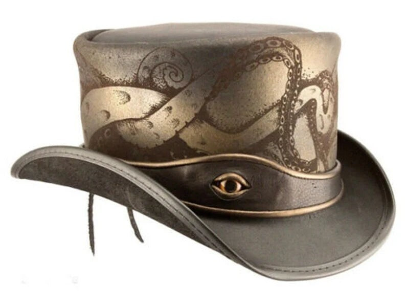 TOP Hat Octopus Engraved El Darado Eye band Biker Hat New With Tags Steampunk - LEATHER CHAPTER
