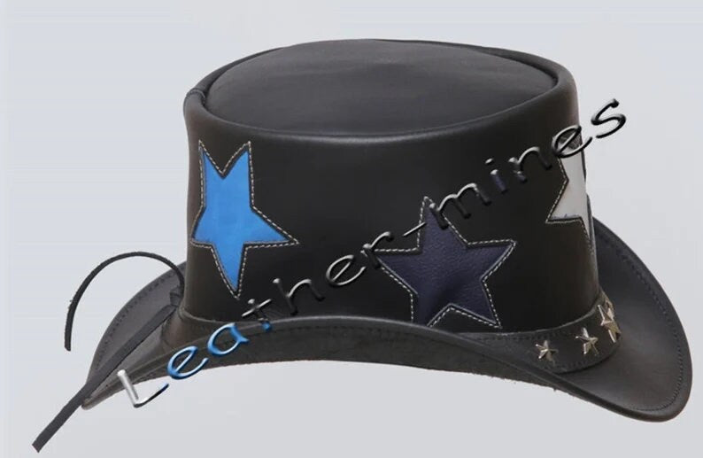 Captian America Top Hat Men's Leather Stars Motorbiker Five Star Band Biker in Black | New with Tags - LEATHER CHAPTER