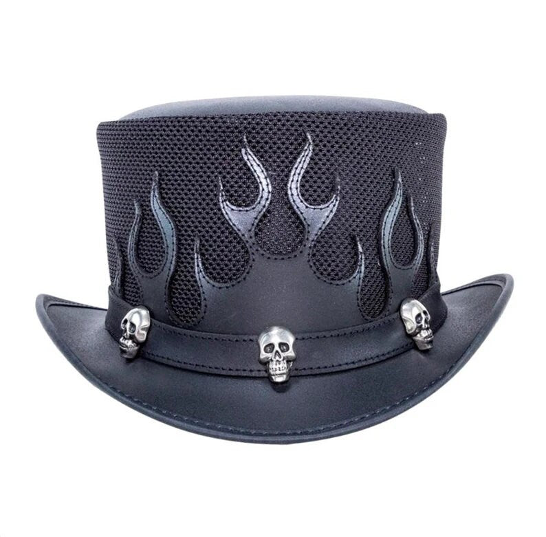 Top Hat Skulls Mens black leather hat with Flames Mesh Design New with Tags - LEATHER CHAPTER