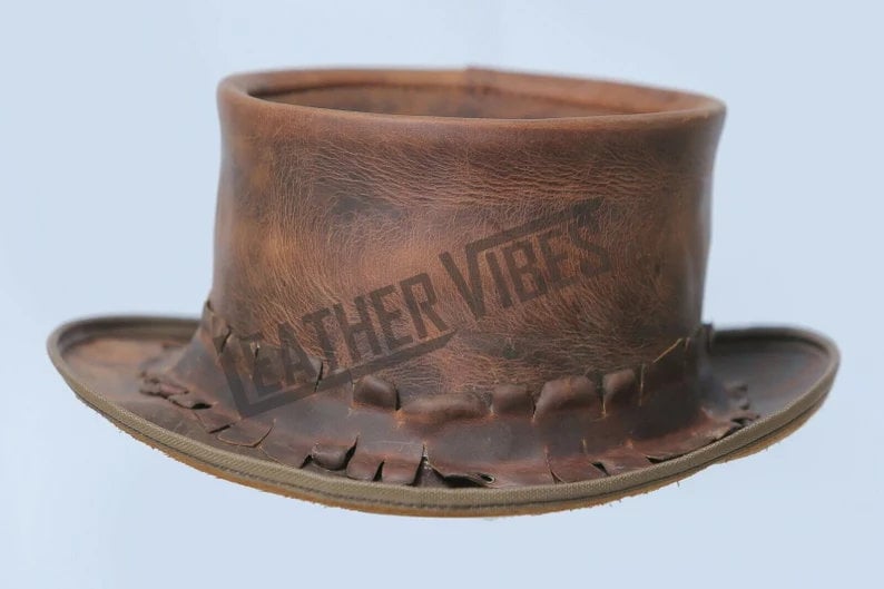 Top Hat-Old Style pale Rider Smokey Distress Brown Leather hat,Leather Top Hat,Gothic Top Hat,Mens Top Hat,Steampunk Top Hat,Custom Top Hat - LEATHER CHAPTER
