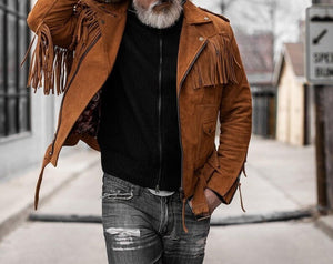 Fringe Suede Leather Belted Jacket Men's Western Style Fringe Jacket Cowboy Fringe Biker Suede Jacket - LEATHER CHAPTER