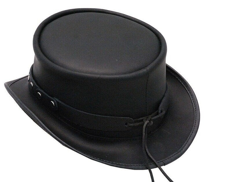 TOP HAT Black leather Steampunk / biker top hat made with a rivet trim leather hat ban New with Tags - LEATHER CHAPTER