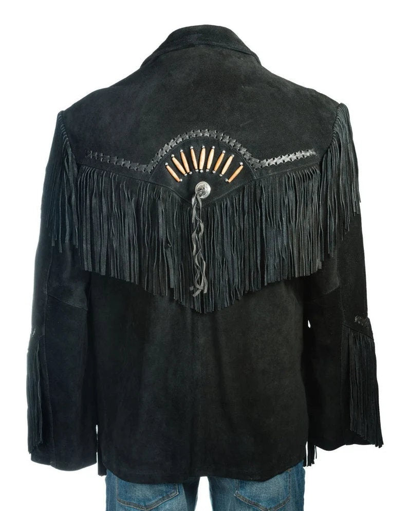 Men Black Suede Vintage Traditional Western Cowboy Leather Jacket With Fringe Hand Made Country Side Red Indian Western Wear - LEATHER CHAPTER