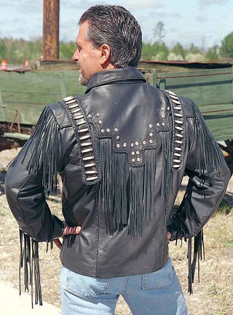 Men's Traditional Western cowboy Leather Jacket coat With Fringes Bone and Beads / Bones & Braids Fringes Leather Jacket - LEATHER CHAPTER