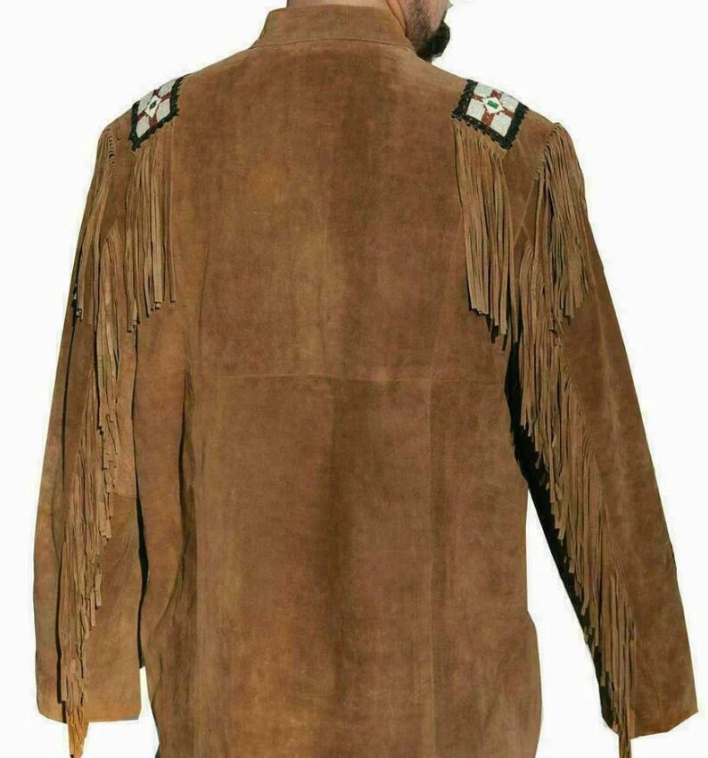 Men Native American Western Cowboy Leather Jacket Suede Coat Fringe Eagle Beads Shirt Gift for Men Brown Red Indian Country Side Jacket - LEATHER CHAPTER