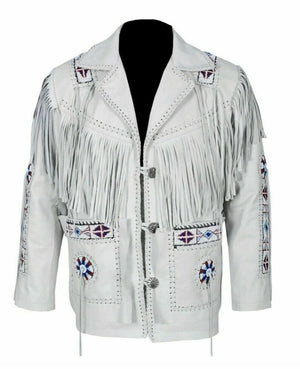 Leather jacket Men's Traditional Native White Classic Leather Western Jacket With Braided Fringes Country Side Red Indian Western - LEATHER CHAPTER