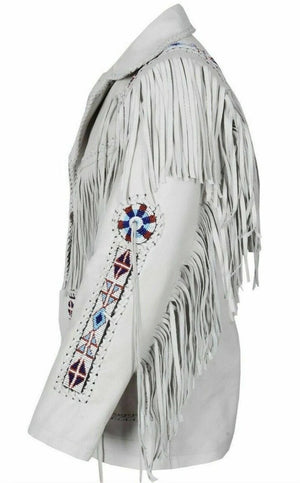 Leather jacket Men's Traditional Native White Classic Leather Western Jacket With Braided Fringes Country Side Red Indian Western - LEATHER CHAPTER