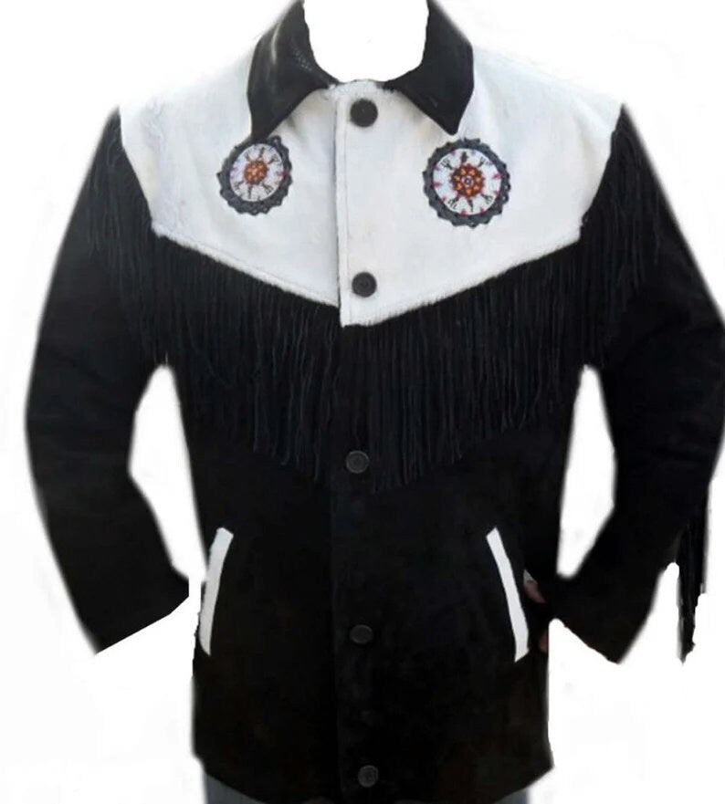 Leather jacket Men's Traditional Native Black & White Classic Suede Leather Western Jacket Braided Fringes Country Side Red Indian Western - LEATHER CHAPTER