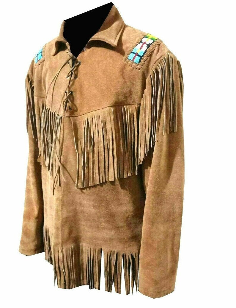 Men Brown Suede Vintage Traditional Western Cowboy Leather Jacket Lases Style Fringe Hand Made Country Side Red Indian Western Wear - LEATHER CHAPTER