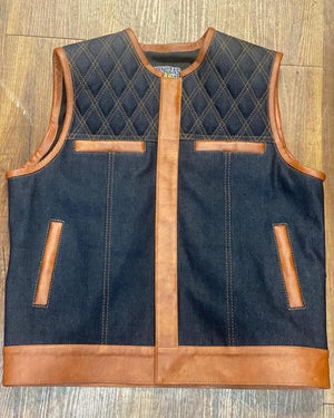 Leather Vest Diamond Quilted Tan Brown Leather Vest Blue Denim Vest Leather Men Vest Biker vest Motorcycle Vest Men Motorcycle Gifts For Men - LEATHER CHAPTER