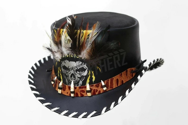 Top Hat Red Indian Chief Feather Braided Brim Teeth Band Leather Top Hat Native Western Hat Gothic Hat Steampunk Hat Halloween Gifts - LEATHER CHAPTER