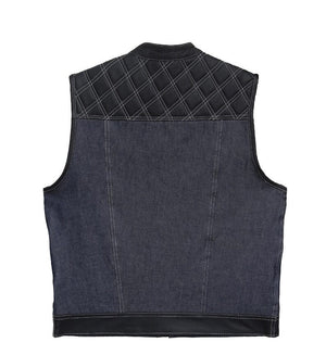 Hand Made Blue Denim & Leather Diamond Quilted Style Thunder Biker Motorcycle Rider MC Club Vest - LEATHER CHAPTER