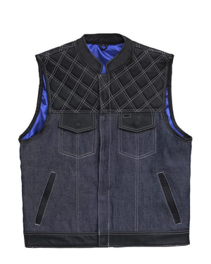 Hand Made Blue Denim & Leather Diamond Quilted Style Thunder Biker Motorcycle Rider MC Club Vest - LEATHER CHAPTER