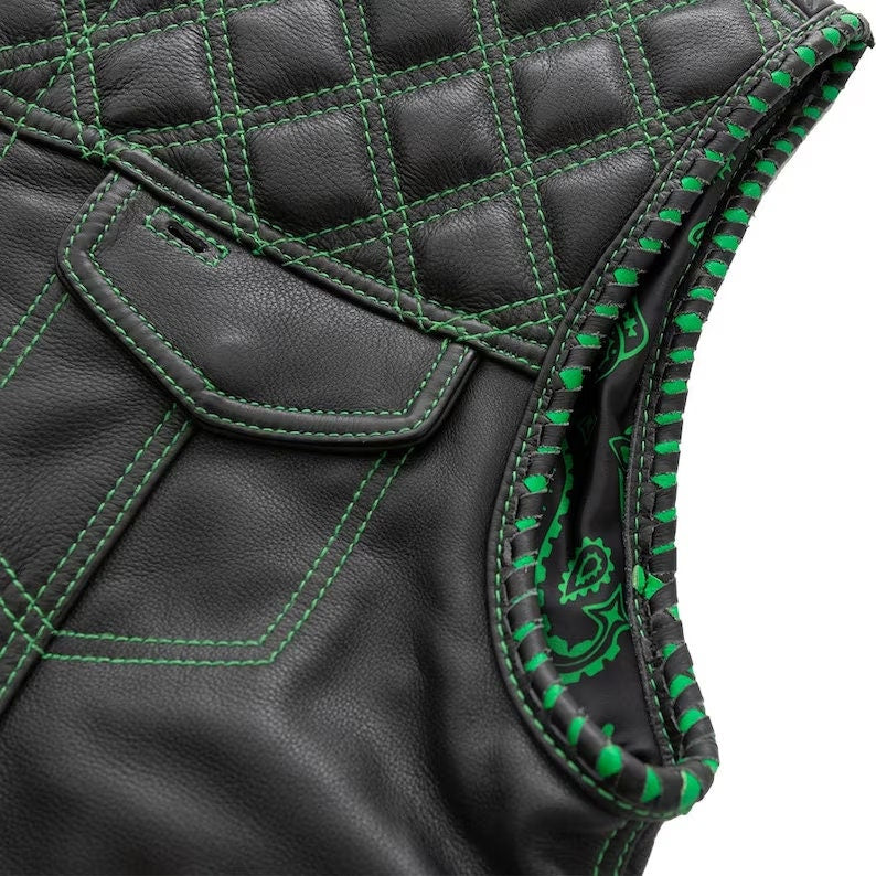 Leather Vest ,Mens Green Diamond Quilted Black Paisley Leather Build Denim Style Rider Motorcycle Leather Vest,Mens Vest - LEATHER CHAPTER