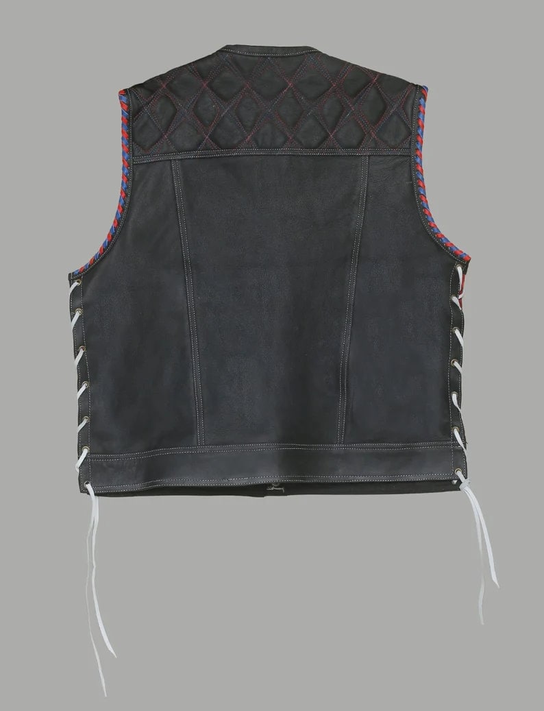 Hand Made USA Captian America Side lases Diamond Quilted leather Biker Motorcycle Rider MC Men Vest - LEATHER CHAPTER