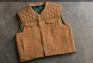 Leather Vest Tan Brown Canvas Vest Denim Vest Denim Men Vest Biker vest Motorcycle Vest Men Motorcycle Gifts For Men - LEATHER CHAPTER