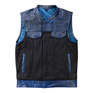 Leather Vest ,Crockodile Plated Leather blue Wax Motorcycle Mens Vest Denim Vest Black Vest - LEATHER CHAPTER