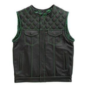Leather Vest ,Mens Green Diamond Quilted Black Paisley Leather Build Denim Style Rider Motorcycle Leather Vest,Mens Vest - LEATHER CHAPTER