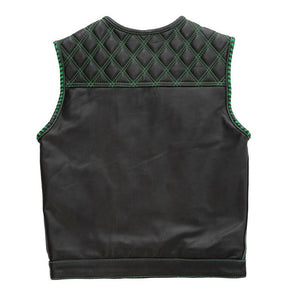 Leather Vest ,Mens Green Diamond Quilted Black Paisley Leather Build Denim Style Rider Motorcycle Leather Vest,Mens Vest - LEATHER CHAPTER