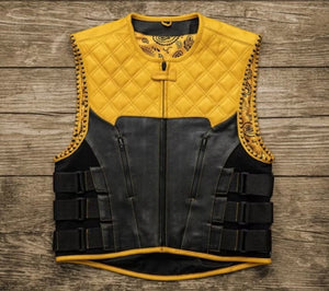 Leather Vest Mens Hunt Club Diamond Quilted Black & Yellow Paisley Leather Build Denim Style Rider Motorcycle Leather Vest Mens Vest - LEATHER CHAPTER