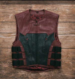 Leather Vest Mens Hunt Club Diamond Quilted Black & Maroon Leather Build Denim Style Rider Motorcycle Leather Vest Mens Vest - LEATHER CHAPTER