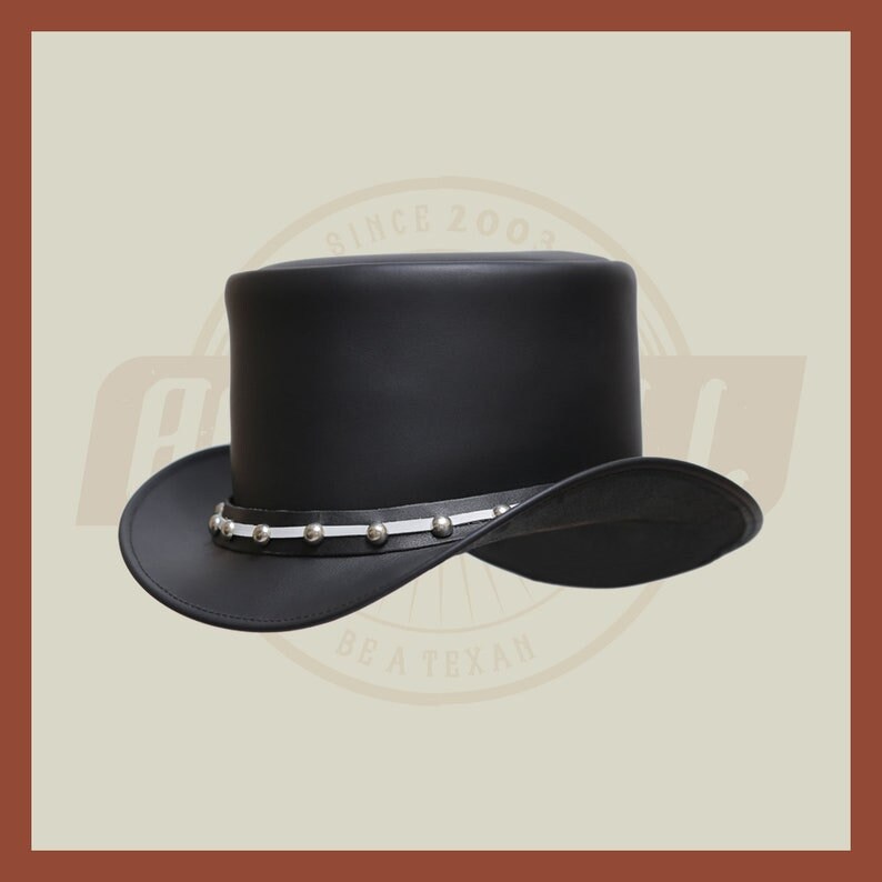 Black And White Contras Band Stutt Steampunk Style Motorcycle Biker Top Hat - LEATHER CHAPTER