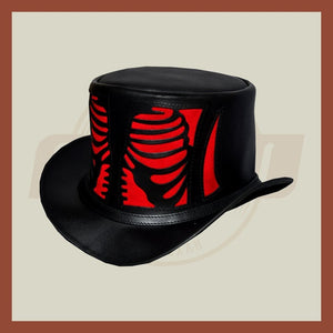 Skeleton Red Ribs Style Steampunk Black Leather Top Hat Old Style Biker - LEATHER CHAPTER