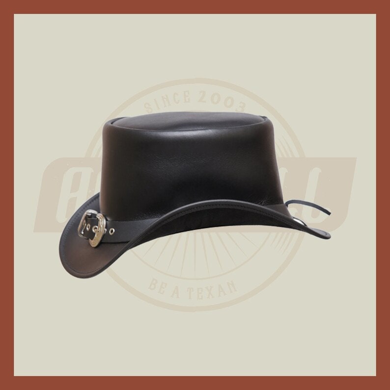 Western Cowboy Buckle Band Style Steampunk Leather Top Hat Motorcycle Rider - LEATHER CHAPTER