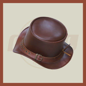 Steampunk Brown leather Ring Chain Buckle Band Top Hat Motorcycle Biker - LEATHER CHAPTER