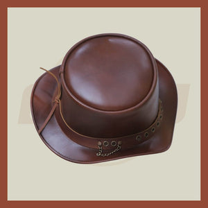 Steampunk Brown leather Ring Chain Buckle Band Top Hat Motorcycle Biker - LEATHER CHAPTER