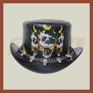 Burning Skull In Hell Leather Skull Chain Band Motorcycle Biker Rider Top Hat - LEATHER CHAPTER