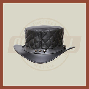 Men’s Leather Steampunk Plain Motorcycle Side Bead Band Biker Quilted Top Hat- Black Leather Hat, Leather Top Hat - LEATHER CHAPTER