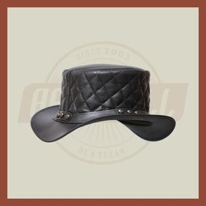 Men’s Leather Steampunk Plain Motorcycle Side Bead Band Biker Quilted Top Hat- Black Leather Hat, Leather Top Hat - LEATHER CHAPTER
