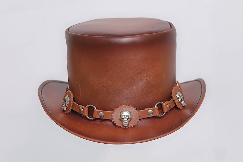 Mens Leather Cowhide Biker Steampunk Deadman Top Hat, El Dorado Motorcycle Hat HANDAMDE TOP HAT - LEATHER CHAPTER