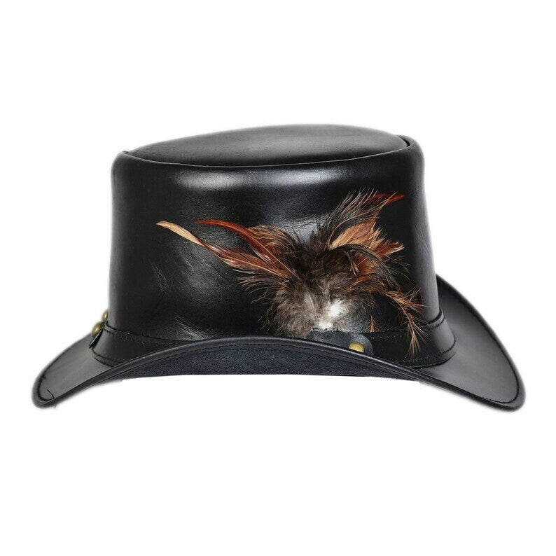 Steampunk Hat El Dorado Top Hat With Simple Band & Feathers Black Leather Top Hat Steampunk Hat Biker Hat Motorcyclist Hat - LEATHER CHAPTER
