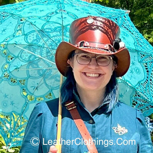 Steampunk Hat El Dorado Top Hat SR2 Band Brown Leather Hat Motorcyclists Hat Biker Hat Gift For Her Gift For Him - LEATHER CHAPTER