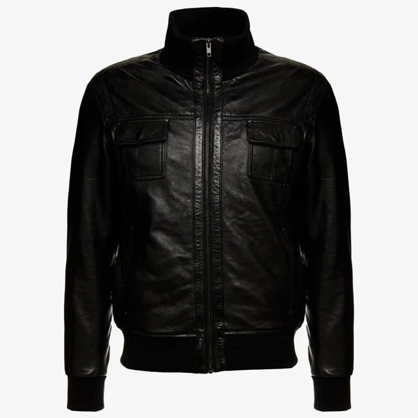 Men’s Black Leather Bomber Jacket
