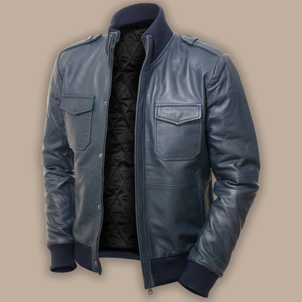 Mens Blue Bomber Leather Jacket