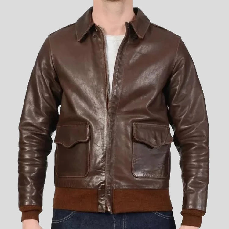 Men's Brown Real Leather Bomber Flight Jacket