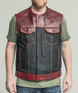 Men's Red Python Snake Leather & Black Denim Biker Vest β Exotic Reptile Pattern, Streetwear Style - LEATHER CHAPTER