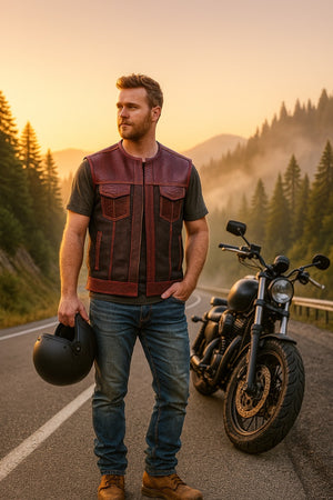 Men's Red Python Snake Leather & Black Denim Biker Vest β Exotic Reptile Pattern, Streetwear Style - LEATHER CHAPTER