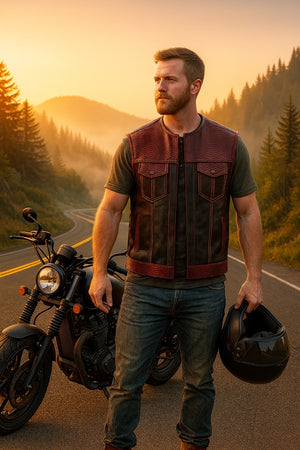 Men's Red Python Snake Leather & Black Denim Biker Vest β Exotic Reptile Pattern, Streetwear Style - LEATHER CHAPTER