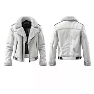 Men's Stylish White Aviator Bomber Flying Premium Jacket Genuine Shearling Fur Real Sheepskin Leather Jacket for Winter Style - LEATHER CHAPTER