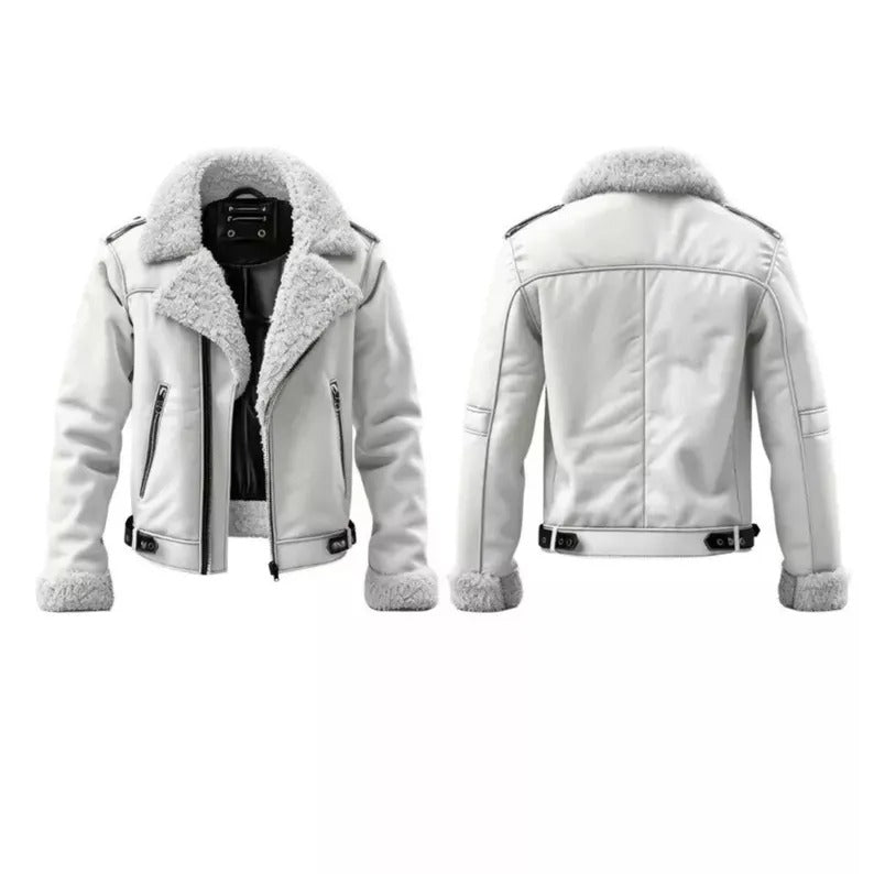 Men's Stylish White Aviator Bomber Flying Premium Jacket Genuine Shearling Fur Real Sheepskin Leather Jacket for Winter Style - LEATHER CHAPTER
