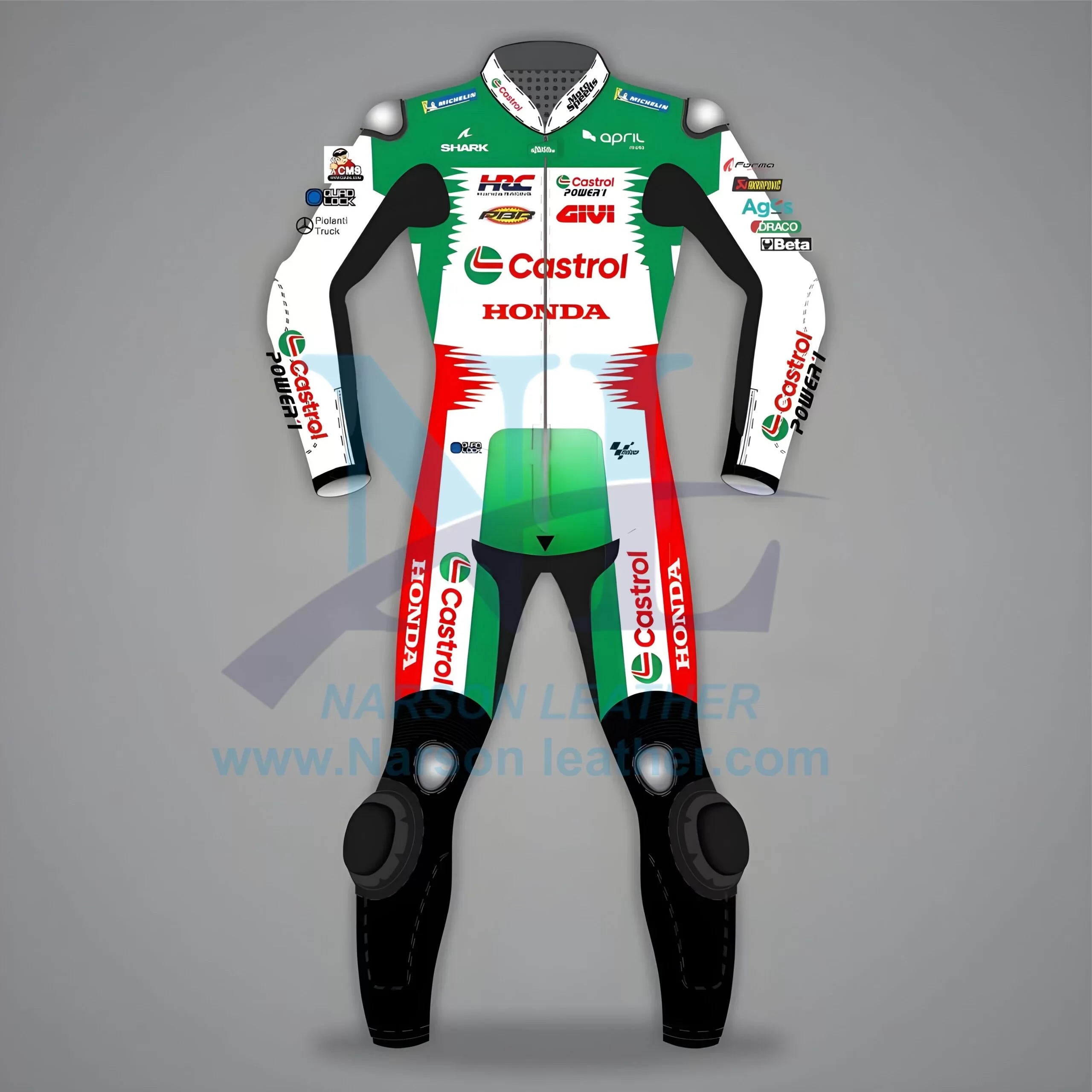 Honda Castrol MotoGP Leather Racing Suit – Green, Red & White