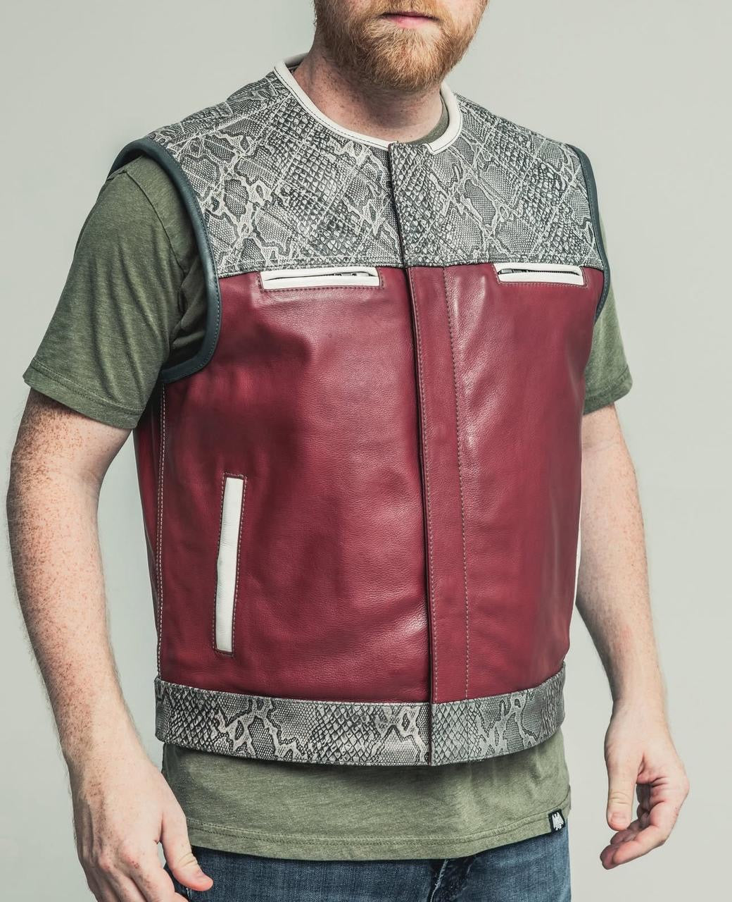 Men's Maroon Leather & Gray Python Skin Print Vest – Street Style Sleeveless Outerwear - LEATHER CHAPTER