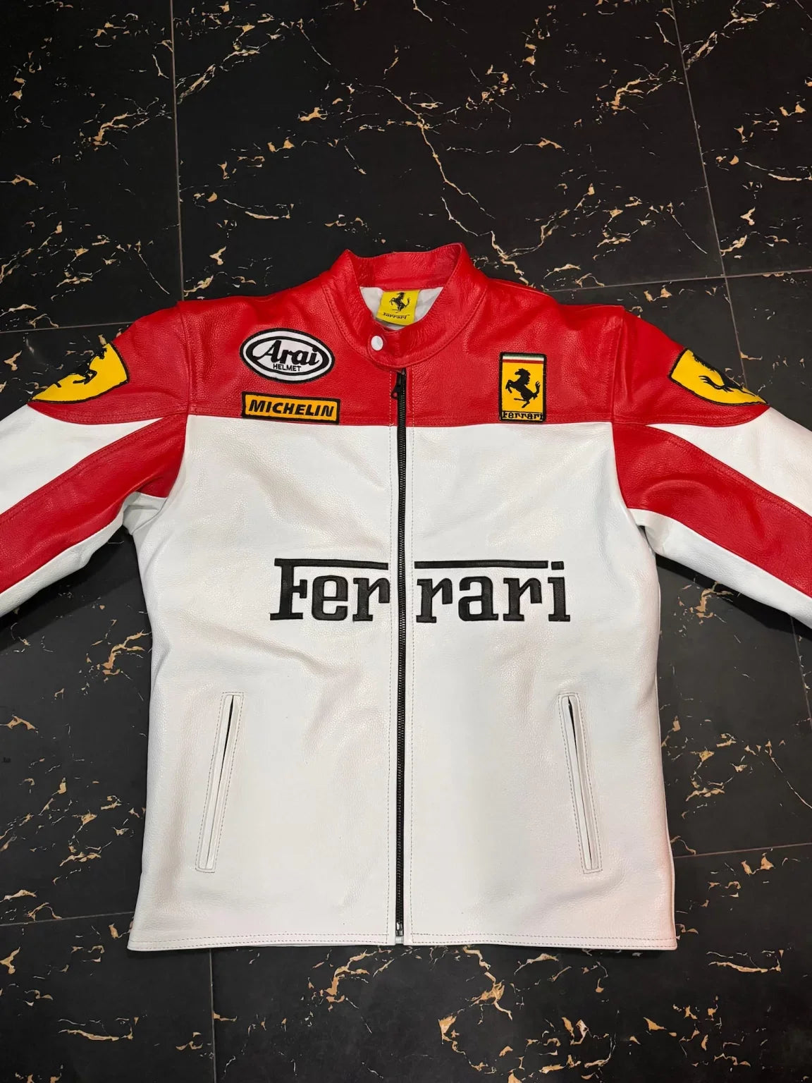 Fer**ri Red & White Racing Leather Jacket (100% Genuine Leather)