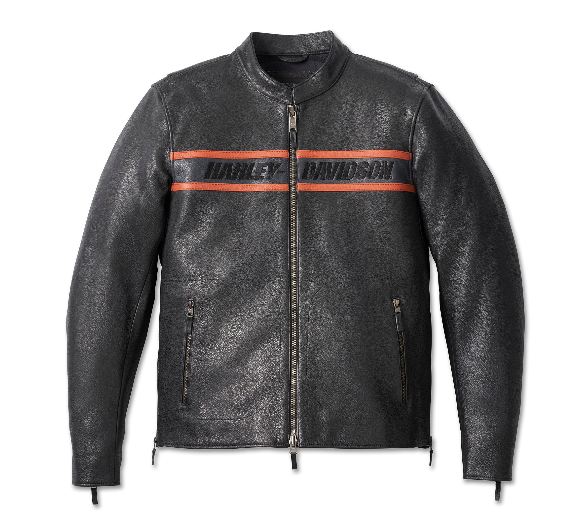Harley-Davidson Men's Black Leather Motorcycle Jacket - Orange & Grey Racing Stripe