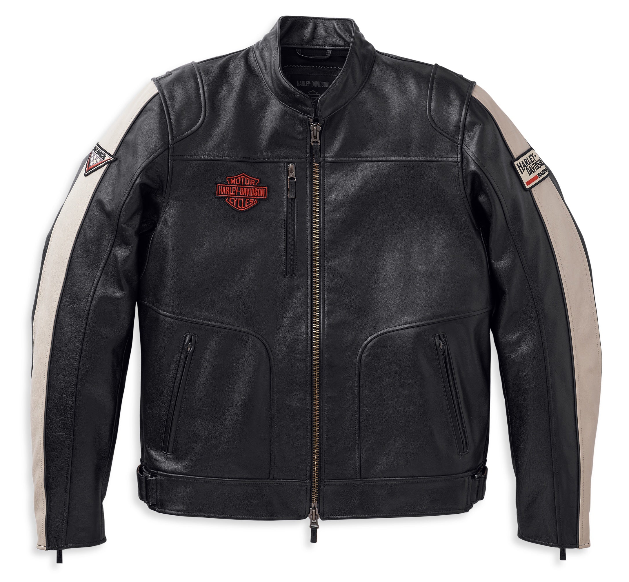 Harley-Davidson Men's Black Leather Racing Jacket - Cream Shoulder Panels & Bar & Shield