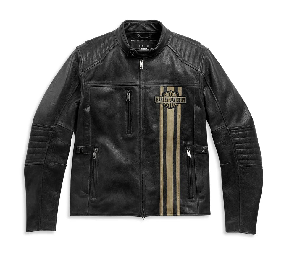 Harley-Davidson Men's Black Leather Cafe Racer Jacket - Gold Stripes & Quilted Accents